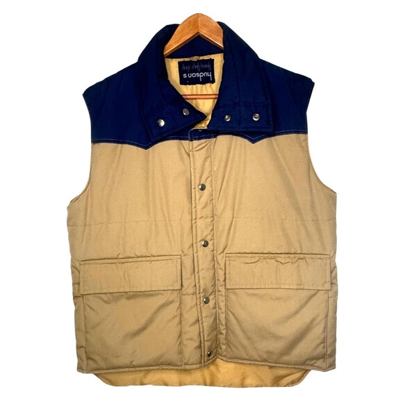 VTG Hudson Puffer Vest Men's Large Blue Tan Rodeo Cowboy Western Yoke 1970s RARE - Picture 1 of 12